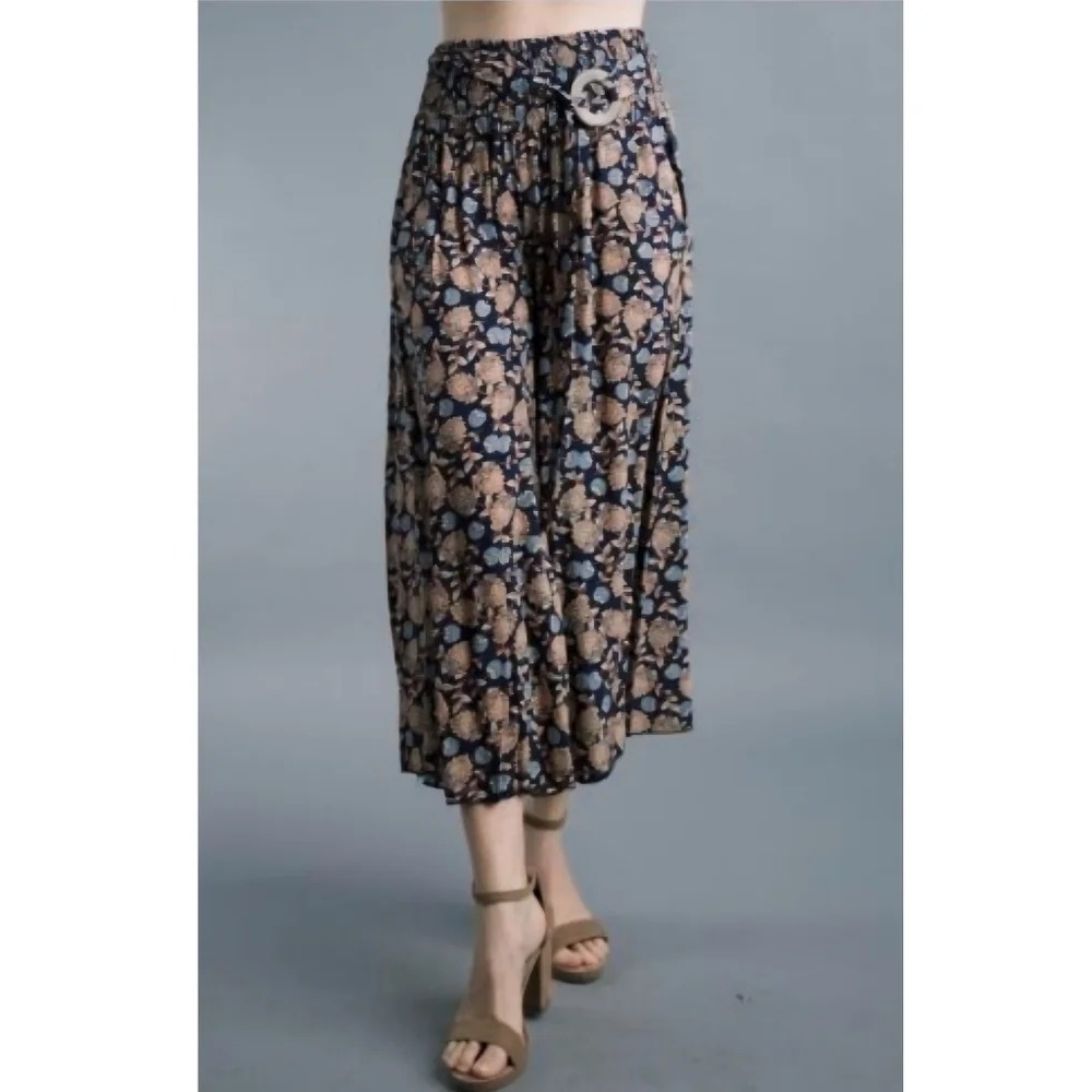 Tempo Paris women M/L floral smocked waist wide leg palazzo pants vacation beach